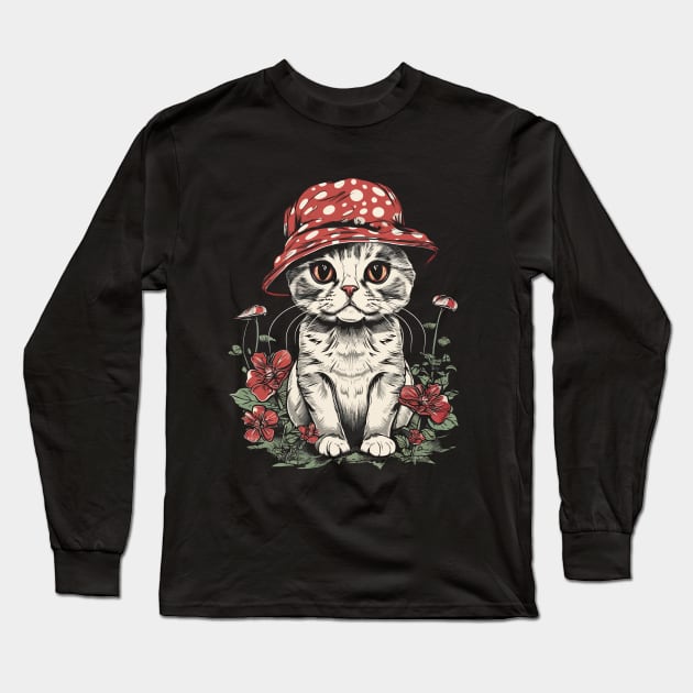 Cute Cottagecore Aesthetic Cat Mushroom Hat Long Sleeve T-Shirt by Apocatnipse Meow